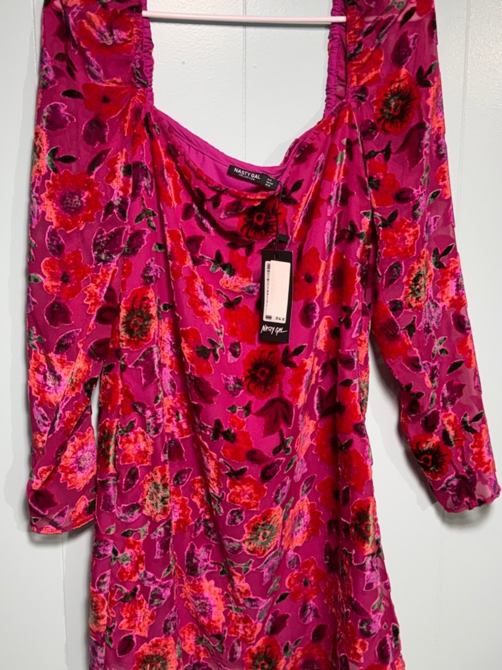 Nasty Gal Fuchsia Floral Velvet See through Sleeve Dress off the shoulder nwt